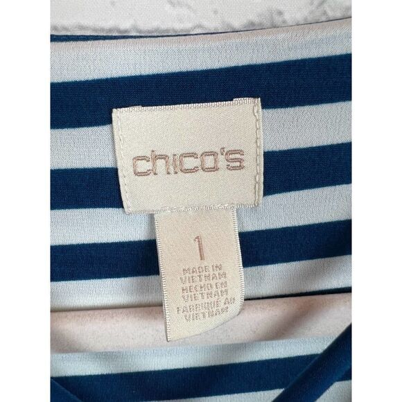 CHICO'S white blue stripes 3/4 sleeve A-line top sweater pullover size 1 8 M - Picture 3 of 7